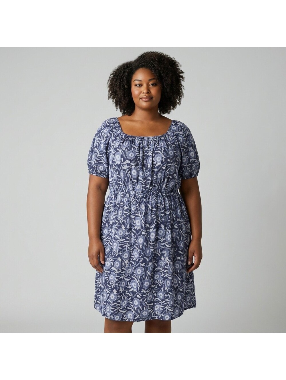 Old Navy Dress Women 1X Plus Blue Floral Shift Midi Round Neck Short Sleeve